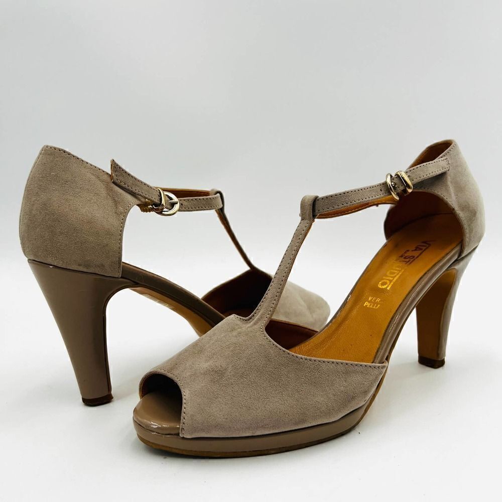 Via Studio Open Toe Platform T-Strap Nude Suede Pumps Size 38